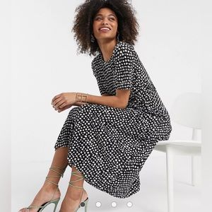 ASOS Plisse Midi Dress Tie Waist In Black & White Spot Women’s Size 8